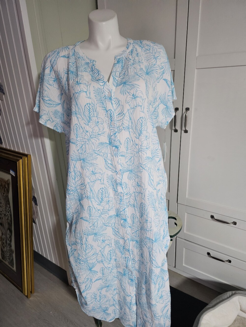 NWT Nottibianche Woven Caftan Patio Dress 1X Plus Blue Tropical Hibiscus Lounge